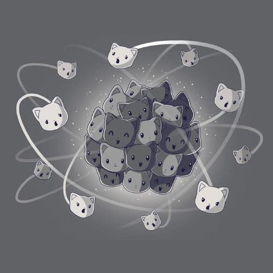 A black and white image of a group of cats surrounded by wires on a Cat-ion charcoal gray t-shirt by TeeTurtle.