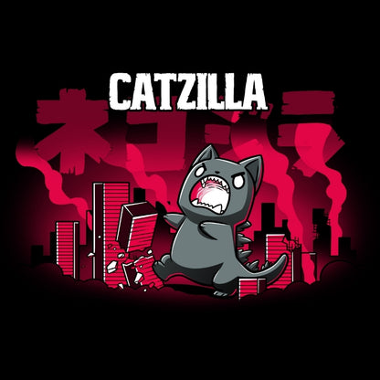 Black t-shirt featuring Catzilla, made with Ringspun Cotton by TeeTurtle.
