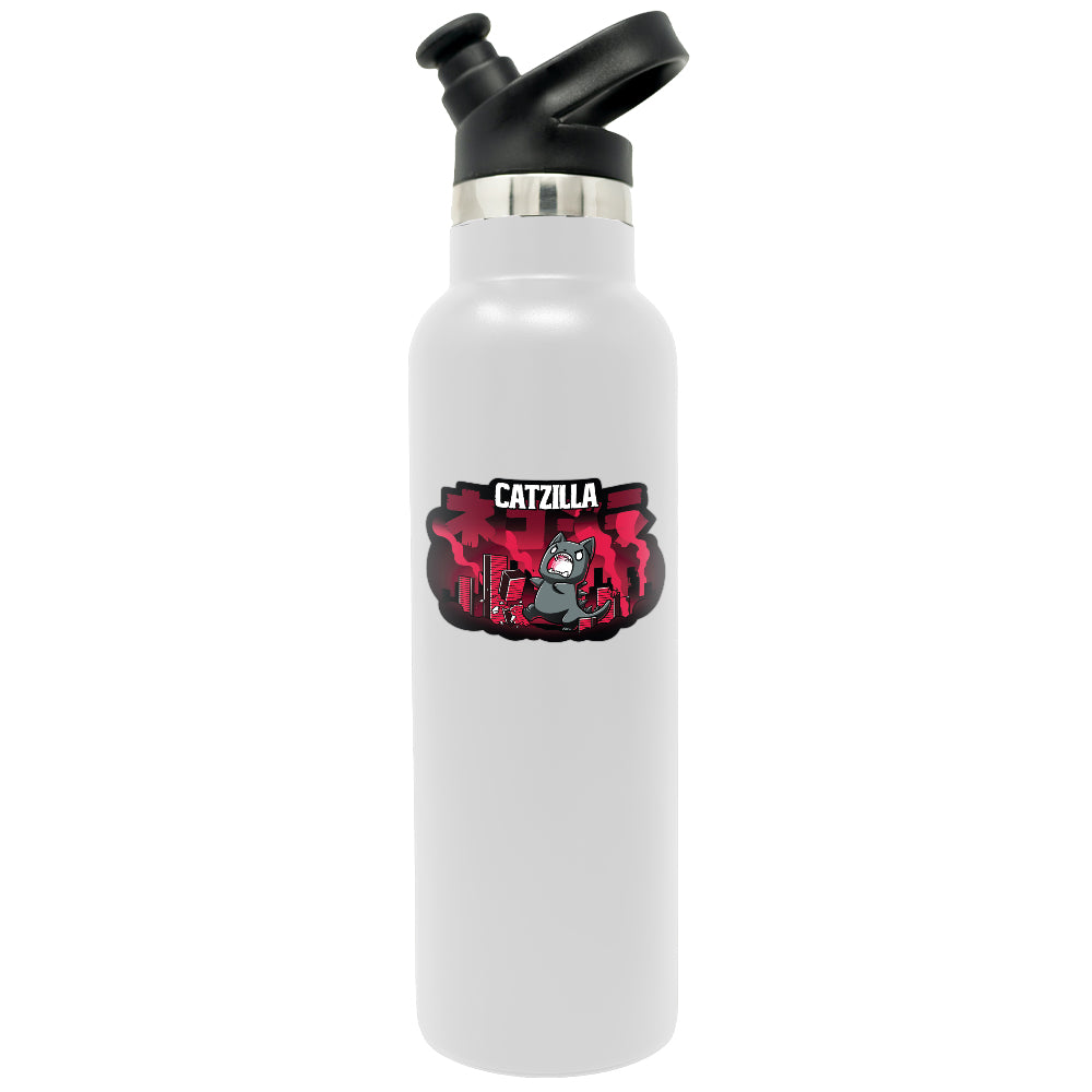A white water bottle with a red TeeTurtle Catzilla Sticker on it.