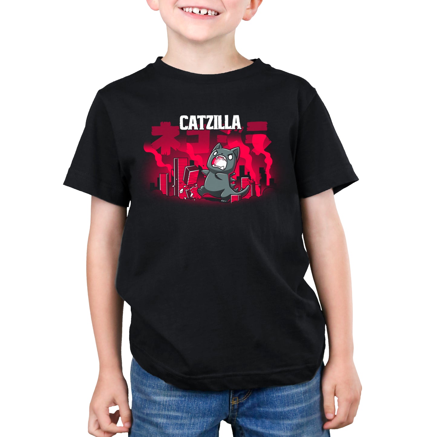 A young boy wearing an original TeeTurtle Catzilla t-shirt.
