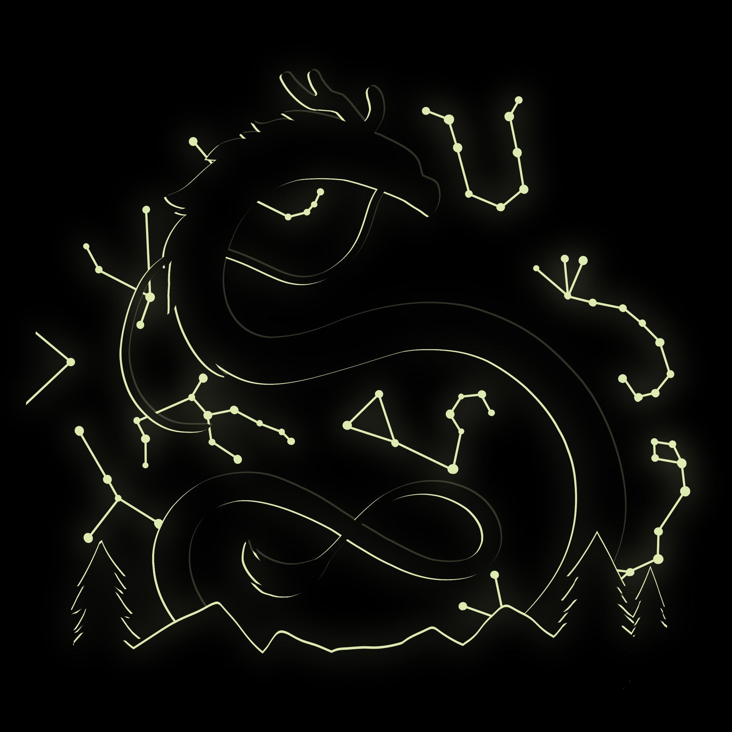 A TeeTurtle Celestial Dragon (Glow) is drawn on a black background with constellations.