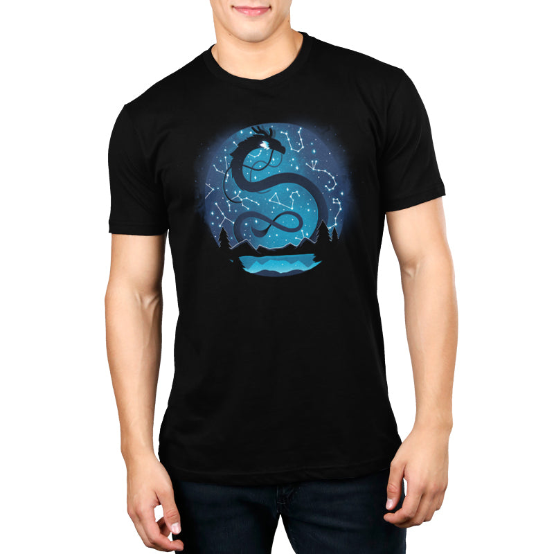A man wearing a TeeTurtle T-shirt with a Celestial Dragon (Glow) on it.