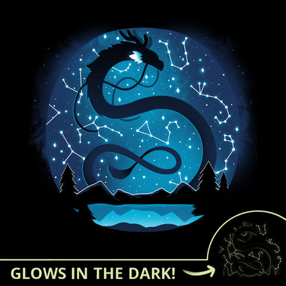 A magical black TeeTurtle original "Celestial Dragon (Glow)" t-shirt glows in the dark.