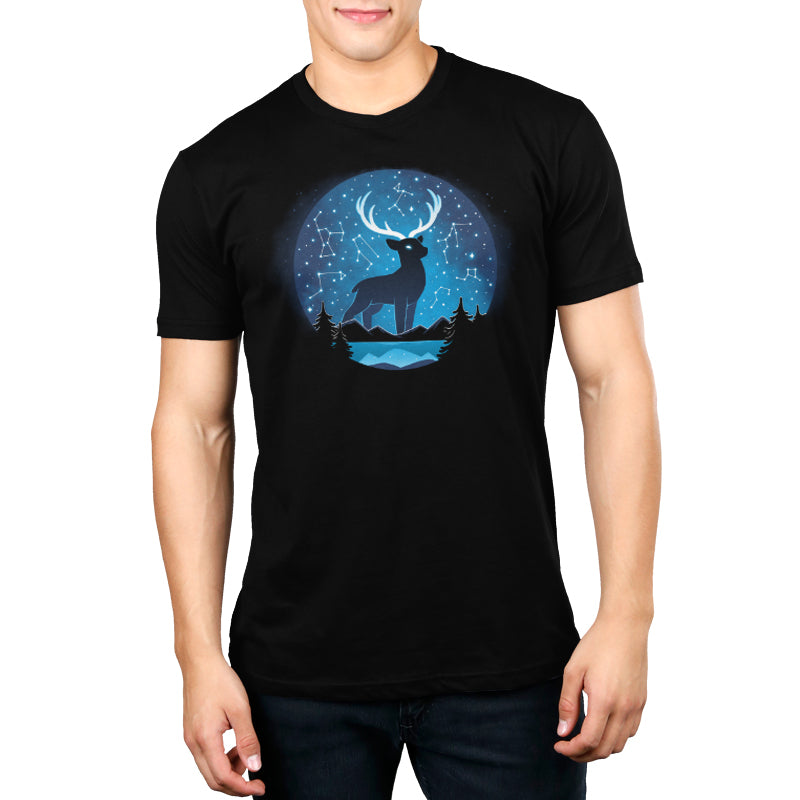 A TeeTurtle Celestial Stag (Glow) t-shirt featuring a celestial stag in the moonlight.