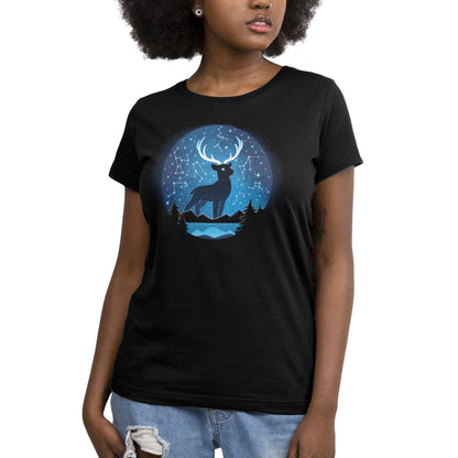 A TeeTurtle Celestial Stag (Glow) women's black T-shirt with an ethereal deer in the moonlight.
