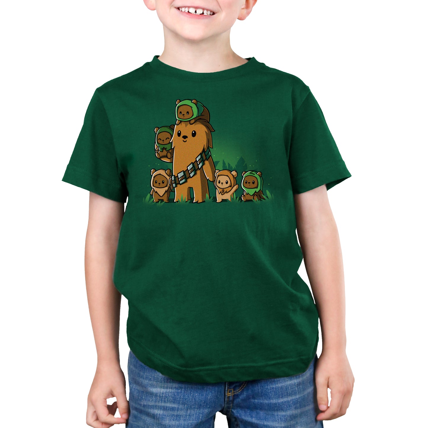 A young boy wearing a green t-shirt, inspired by Star Wars Chewbacca and Ewoks.