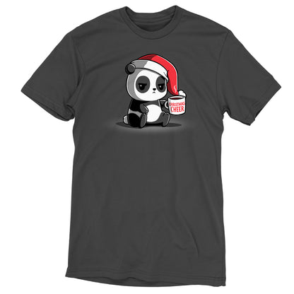 A panda bear wearing a Santa hat and spreading TeeTurtle's Christmas Cheer while holding a cup of coffee.