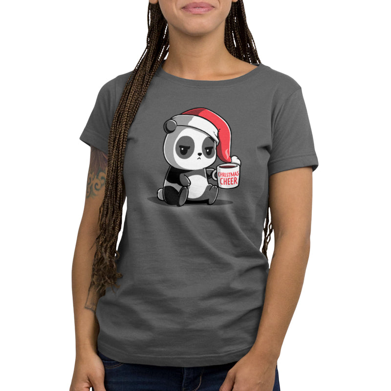 A festive women's t-shirt featuring a panda donning a Santa hat, spreading Christmas Cheer during the holidays. It is the TeeTurtle Christmas Cheer.