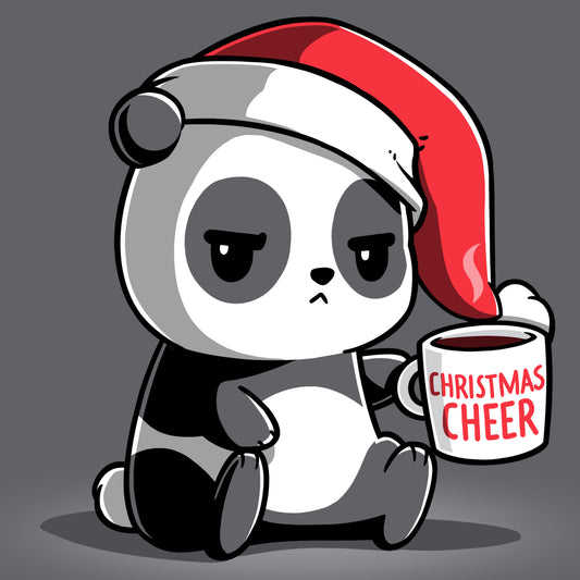 A panda bear wearing a Santa hat and holding a cup of coffee, spreading TeeTurtle Christmas Cheer.