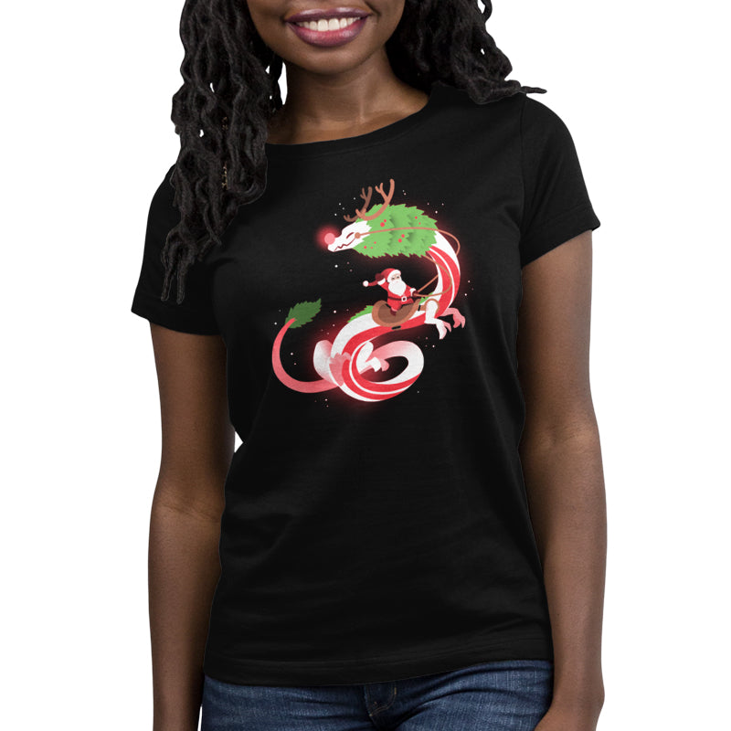 Upgrade: A TeeTurtle Christmas Dragon V2 women's black t-shirt, perfect for holiday wear.