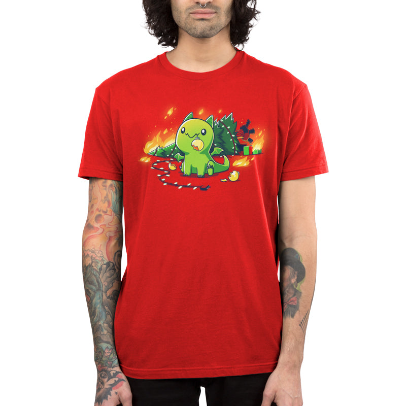 A man wearing a Red Christmas Dragon t-shirt by TeeTurtle.