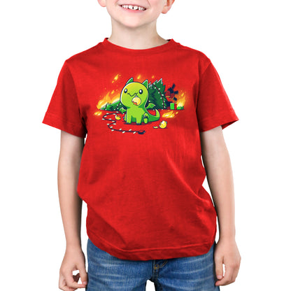 A boy wearing a TeeTurtle Christmas Dragon t-shirt.