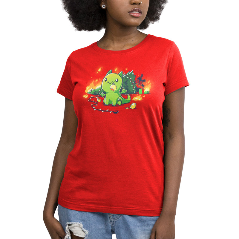 A woman wearing a Christmas Dragon t-shirt with a TeeTurtle logo on it.