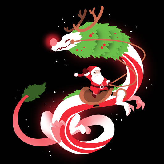 Upgrade your holiday wear with the Christmas Dragon V2 t-shirt from TeeTurtle, featuring Santa Claus riding a dragon on a black background.