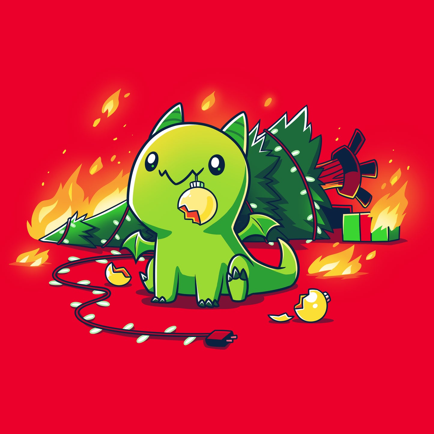 A Christmas Dragon sitting next to a Christmas tree wearing a TeeTurtle t-shirt.