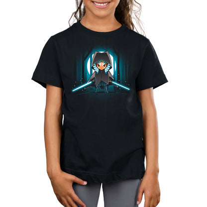 A girl wearing a comfortable black t-shirt with the licensed Star Wars brand and featuring the Cloaked Ahsoka Tano character.
