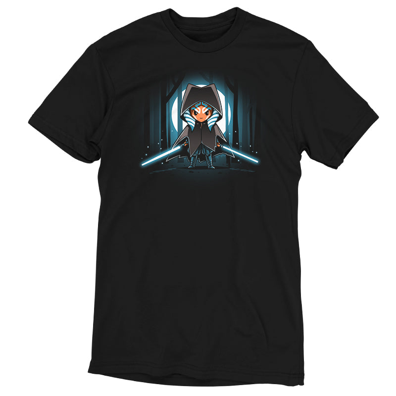 An officially licensed black t-shirt featuring an image of Cloaked Ahsoka Tano, wielding lightsabers from Star Wars.