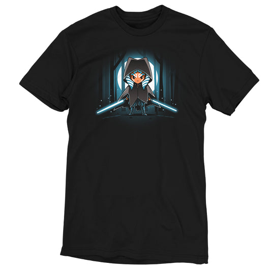 An officially licensed black t-shirt featuring an image of Cloaked Ahsoka Tano, wielding lightsabers from Star Wars.