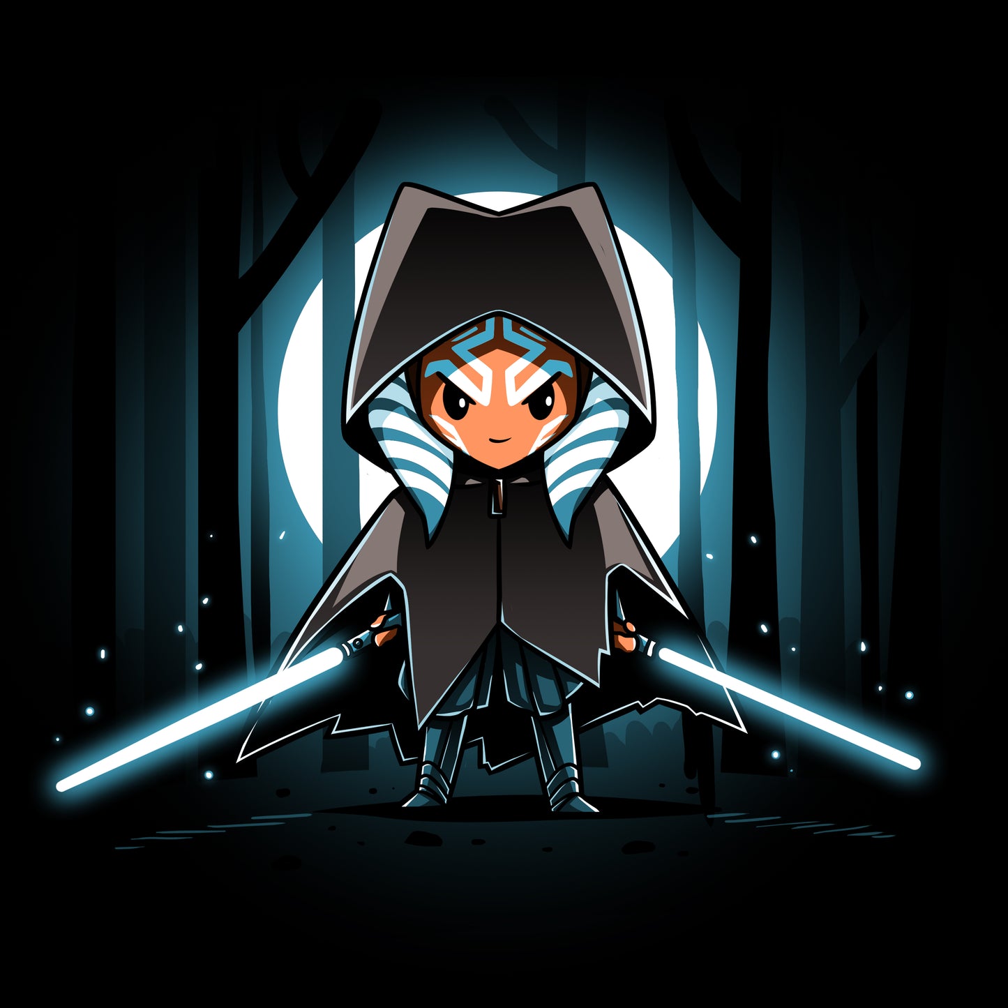 Officially licensed Cloaked Ahsoka Tano character wielding lightsabers in the woods.
(Star Wars)