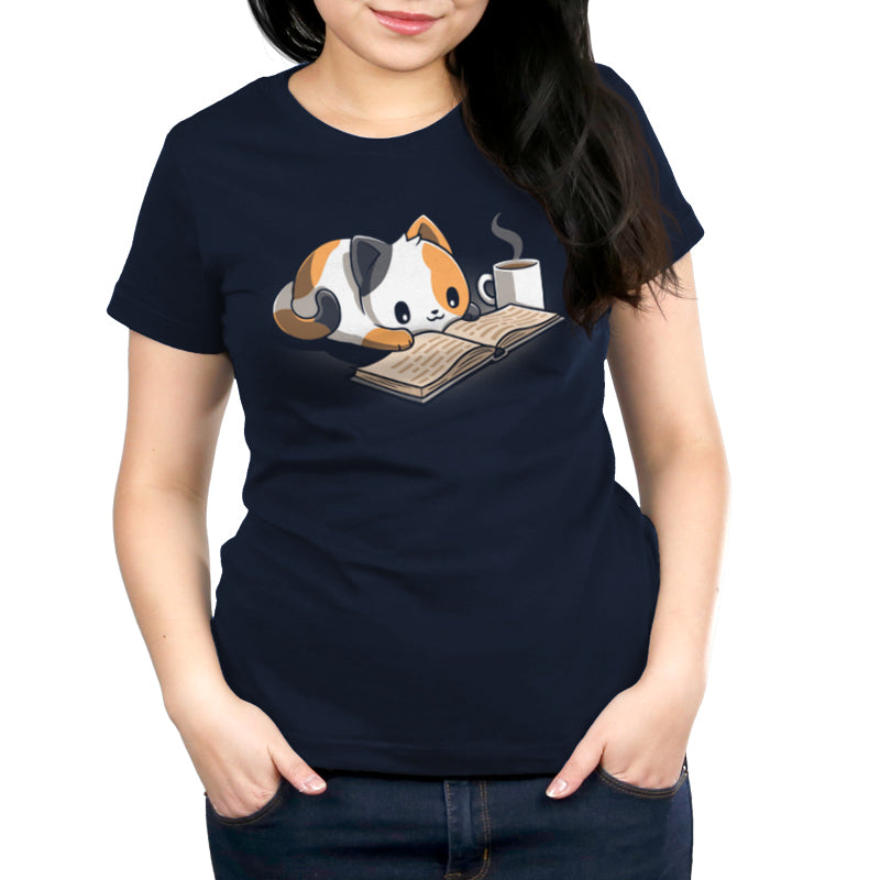 Premium Cotton T-shirt_TeeTurtle Coffee and a Good Book navy blue t-shirt featuring a calico cat laying next to a hot cup of coffee as it reads a book.