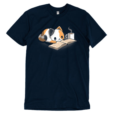 Premium Cotton T-shirt_TeeTurtle navy blue Coffee and a Good Book featuring a calico cat laying next to a hot cup of coffee as it reads a book.