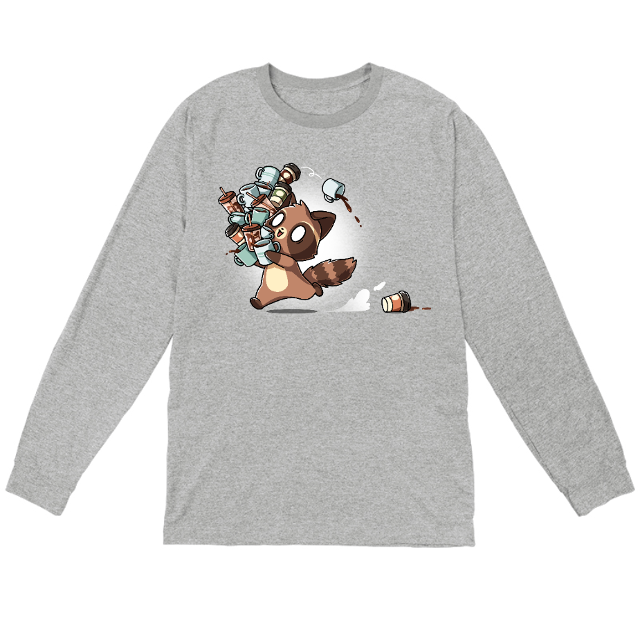 Long Sleeve T-shirt_TeeTurtle heather gray Coffee Bandit apparel featuring a running caffeinated raccoon holding a bunch of coffee cups, and a couple of cups it dropped in its wake.