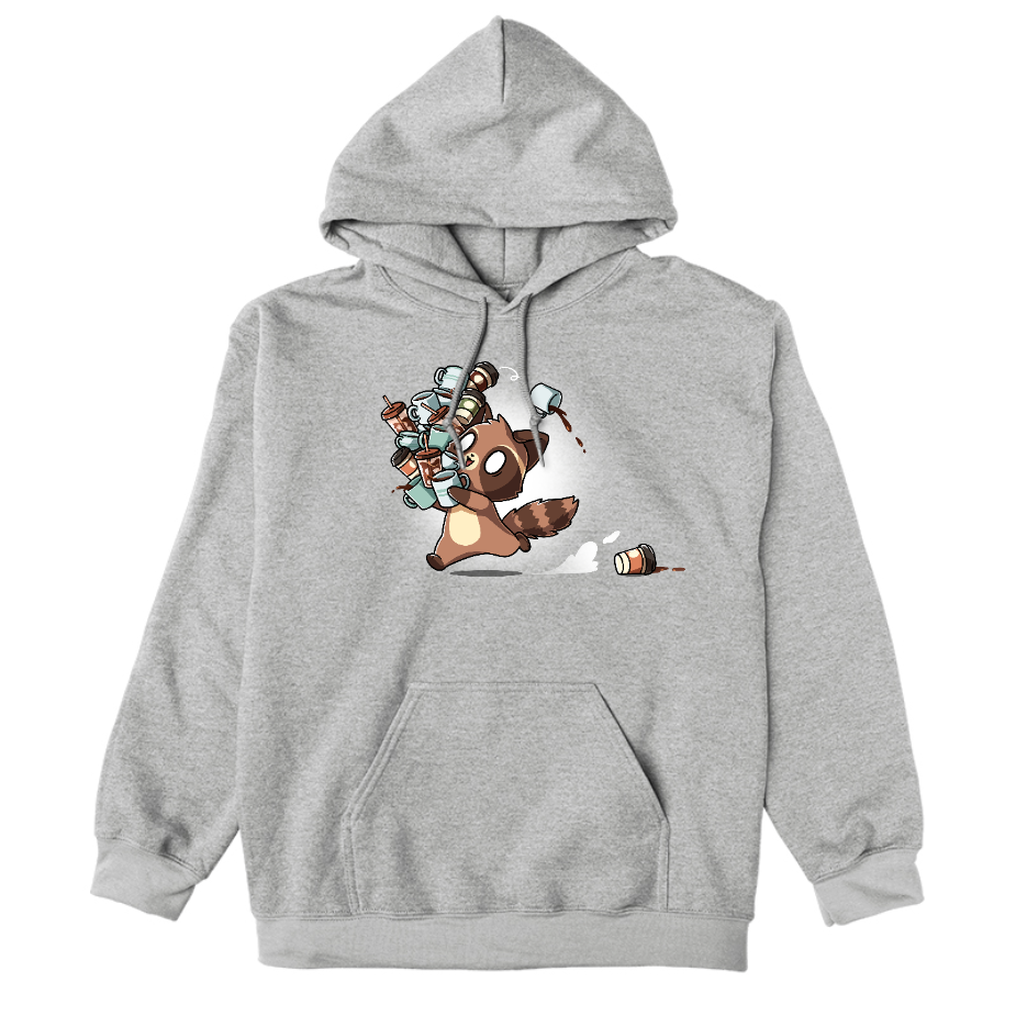 Pullover Hoodie_TeeTurtle heather gray Coffee Bandit apparel featuring a running caffeinated raccoon holding a bunch of coffee cups, and a couple of cups it dropped in its wake.