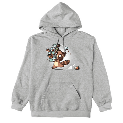 Pullover Hoodie_TeeTurtle heather gray Coffee Bandit apparel featuring a running caffeinated raccoon holding a bunch of coffee cups, and a couple of cups it dropped in its wake.