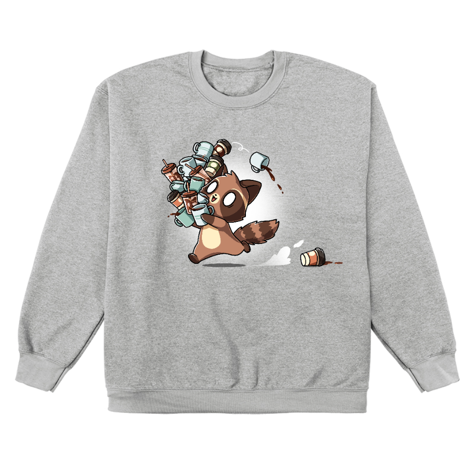 Crew Neck Sweatshirt_TeeTurtle heather gray Coffee Bandit apparel featuring a running caffeinated raccoon holding a bunch of coffee cups, and a couple of cups it dropped in its wake.