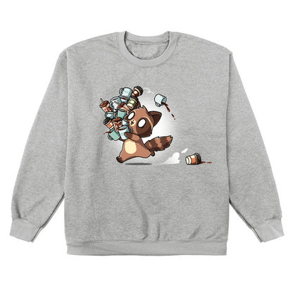 Crew Neck Sweatshirt_TeeTurtle heather gray Coffee Bandit apparel featuring a running caffeinated raccoon holding a bunch of coffee cups, and a couple of cups it dropped in its wake.