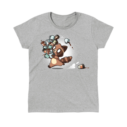 Classic Cotton T-shirt_TeeTurtle heather gray Coffee Bandit apparel featuring a running caffeinated raccoon holding a bunch of coffee cups, and a couple of cups it dropped in its wake.
