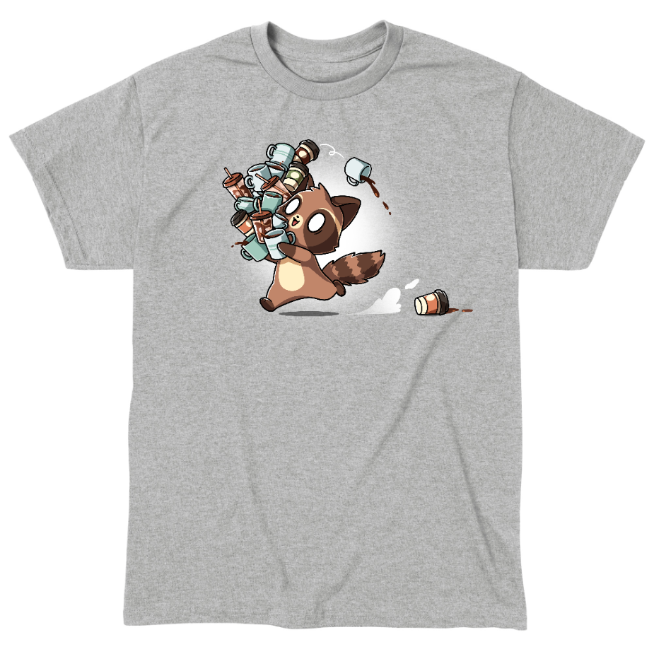 Classic Cotton T-shirt_TeeTurtle heather gray Coffee Bandit apparel featuring a running caffeinated raccoon holding a bunch of coffee cups, and a couple of cups it dropped in its wake.