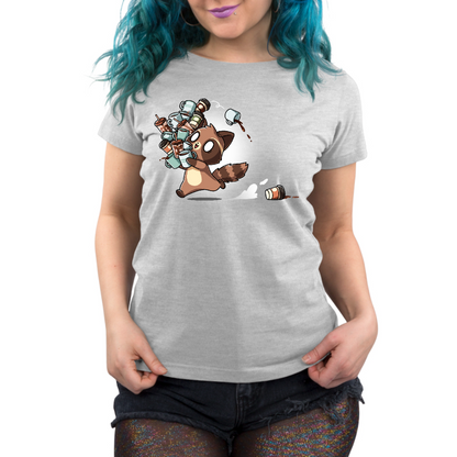 Premium Cotton T-shirt_TeeTurtle silver gray Coffee Bandit apparel featuring a running caffeinated raccoon holding a bunch of coffee cups, and a couple of cups it dropped in its wake.