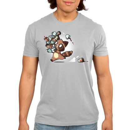Premium Cotton T-shirt_TeeTurtle silver gray Coffee Bandit apparel featuring a running caffeinated raccoon holding a bunch of coffee cups, and a couple of cups it dropped in its wake.