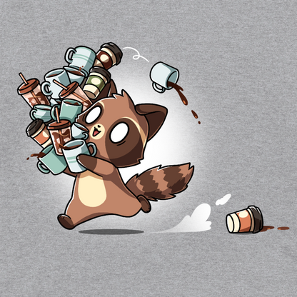 Classic Cotton T-shirt_TeeTurtle heather gray Coffee Bandit apparel featuring a running caffeinated raccoon holding a bunch of coffee cups, and a couple of cups it dropped in its wake.