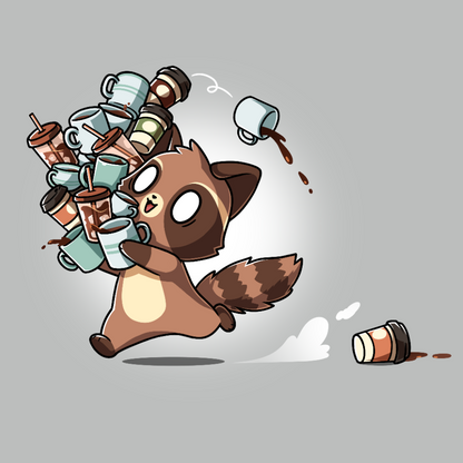 Premium Cotton T-shirt_TeeTurtle silver gray Coffee Bandit apparel featuring a running caffeinated raccoon holding a bunch of coffee cups, and a couple of cups it dropped in its wake.