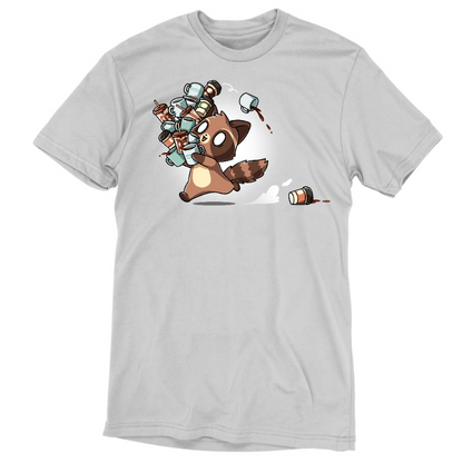 Premium Cotton T-shirt_TeeTurtle silver gray Coffee Bandit apparel featuring a running caffeinated raccoon holding a bunch of coffee cups, and a couple of cups it dropped in its wake.