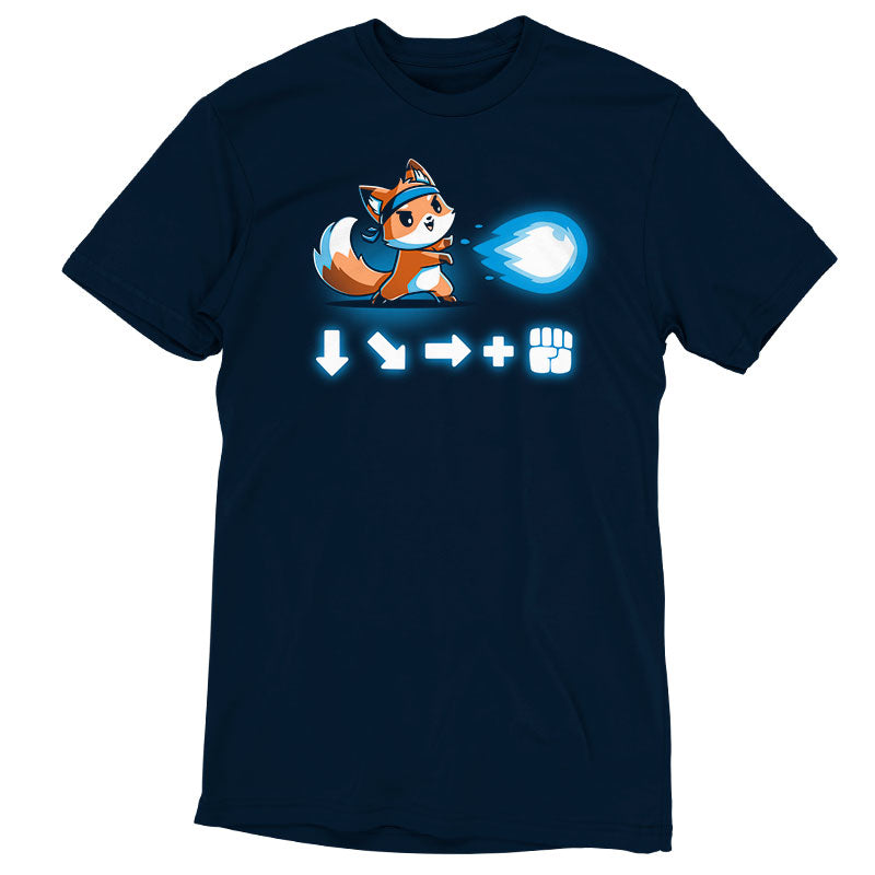 Premium Cotton T-shirt_Teeturtle Combo Attack navy blue t-shirt featuring a cute little fox wearing a headband firing off a Hadouken fireball with the game input command beneath.