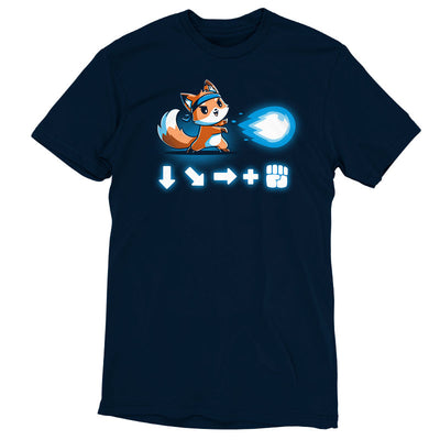 Premium Cotton T-shirt_TeeTurtle navy blue Combo Attack featuring a cute little fox wearing a headband firing off a Hadouken fireball with the game input command beneath.