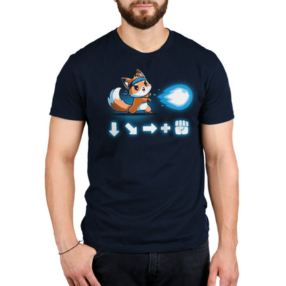 Premium Cotton T-shirt_Teeturtle Combo Attack navy blue t-shirt featuring a cute little fox wearing a headband firing off a Hadouken fireball with the game input command beneath.