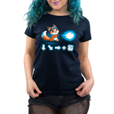 Premium Cotton T-shirt_TeeTurtle navy blue Combo Attack featuring a cute little fox wearing a headband firing off a Hadouken fireball with the game input command beneath.