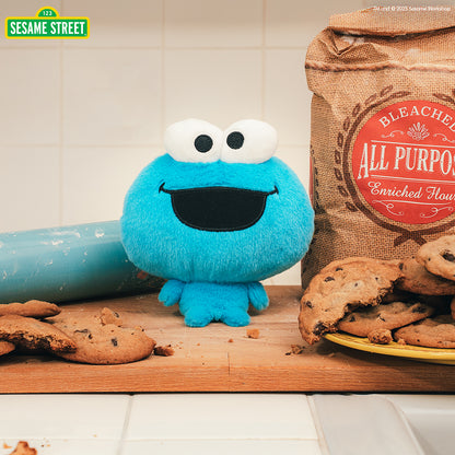 Cloudheads: 5" Cookie Monster sitting on a kitchen counter with cookies and a rolling pin