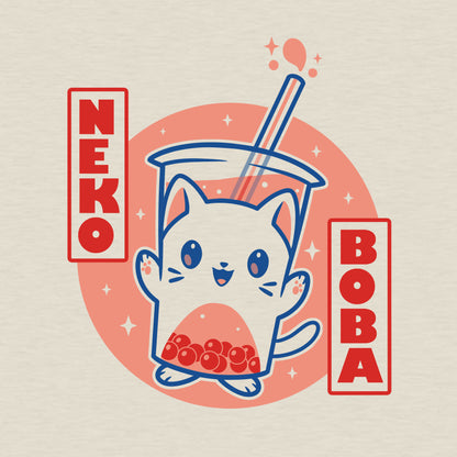 A TeeTurtle Neko Boba t-shirt featuring a Neko cat drinking a cup of boba.
