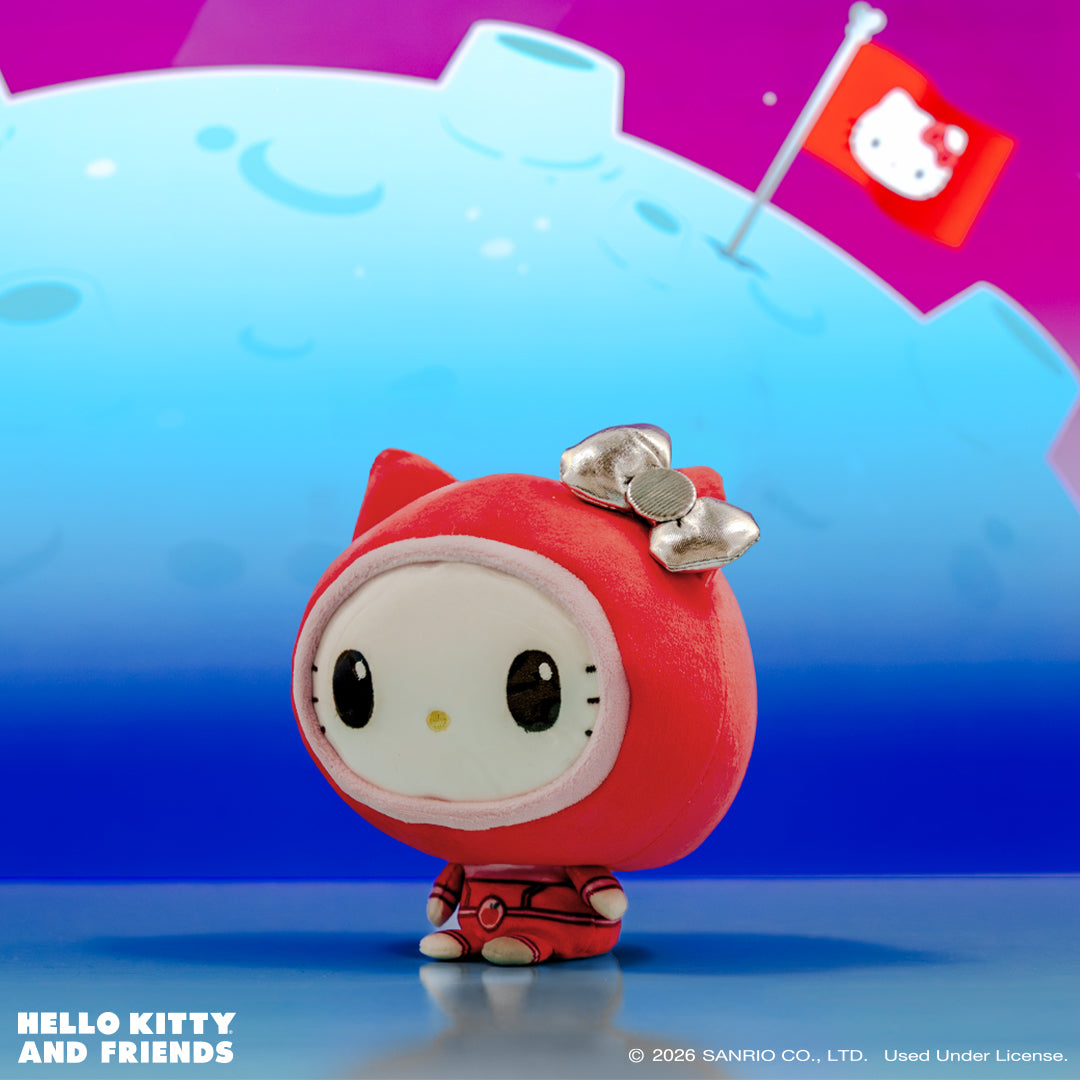 Hello Kitty Cloudheads plushie in a spacesuit against a space background
