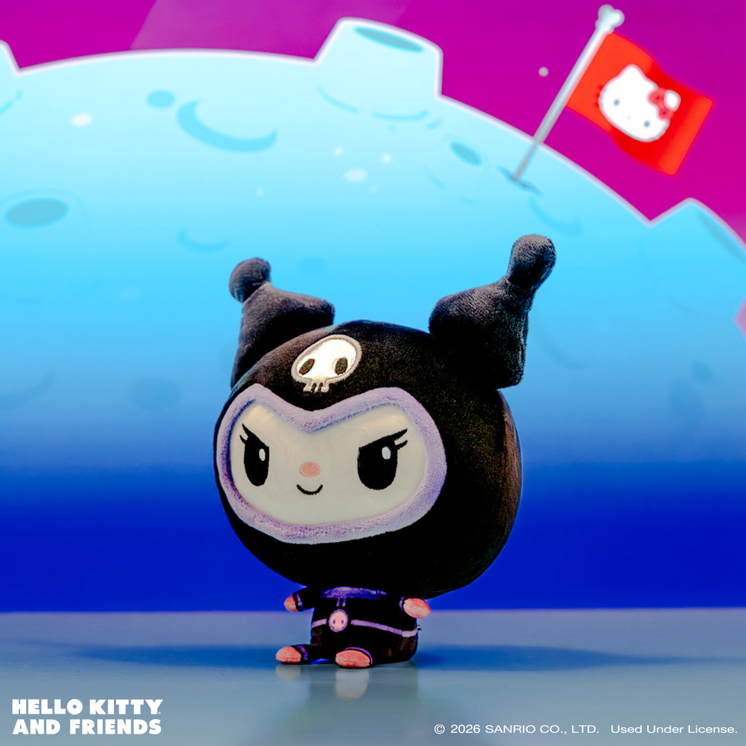 Kuromi Cloudheads plushie in a spacesuit against a space background