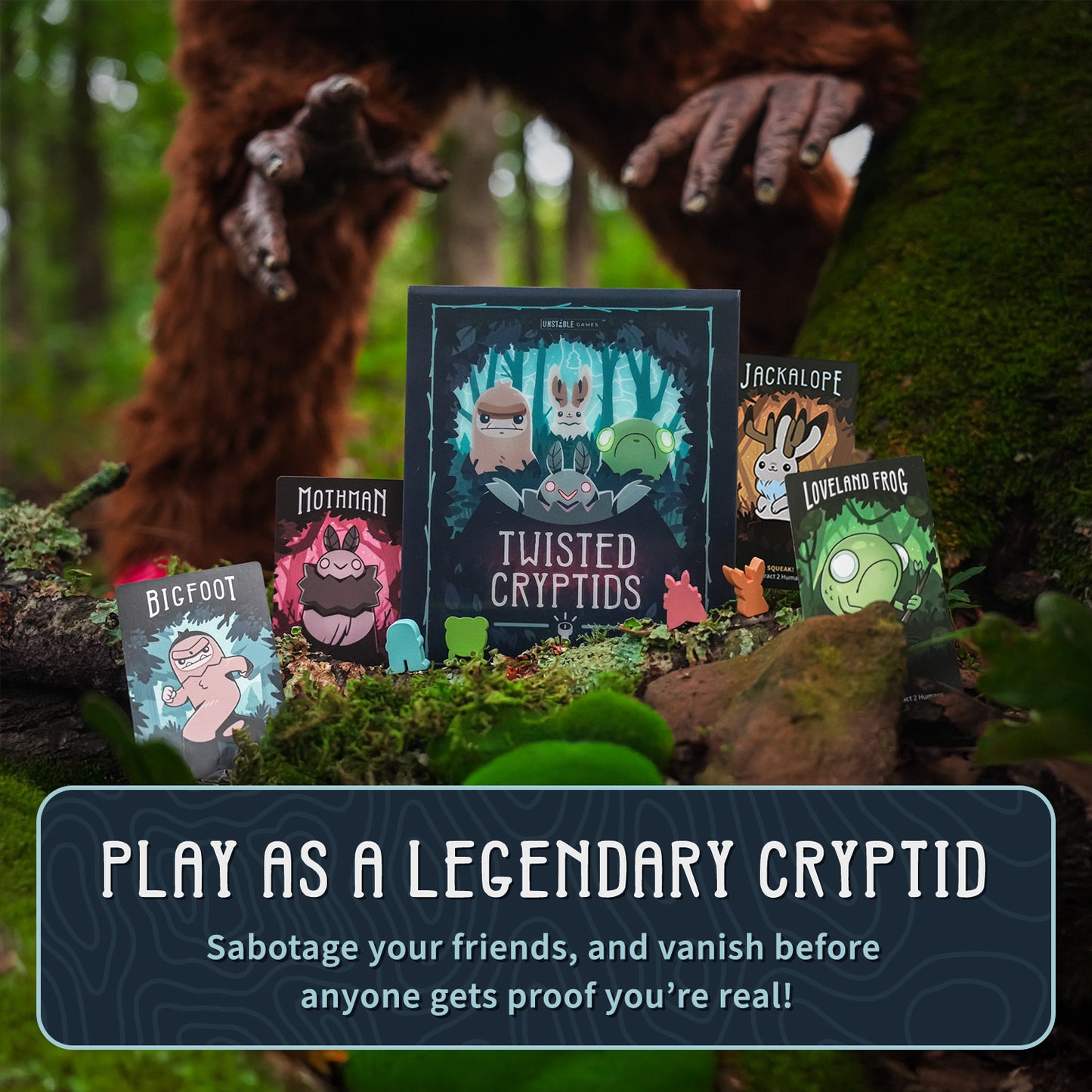Unstable Games’ “Twisted Cryptids: Base Game” is shown outdoors with Bigfoot, Mothman, Jackalope, and Loveland Frog character cards on display; a person dressed as Bigfoot stands behind the cryptid-themed strategy game.