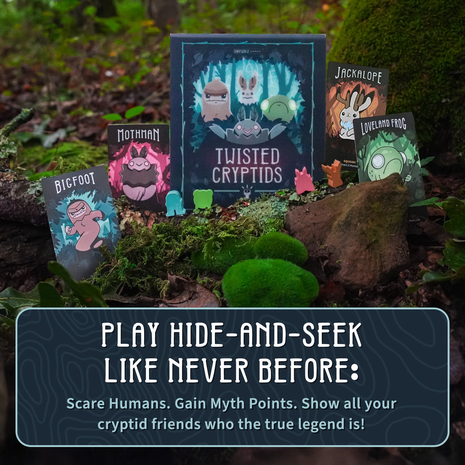 Twisted Cryptids: Base Game by Unstable Games is shown on mossy ground with character cards for Bigfoot, Mothman, Jackalope, Loveland Frog, and vibrant game pieces from this cryptid-themed strategy board game.
