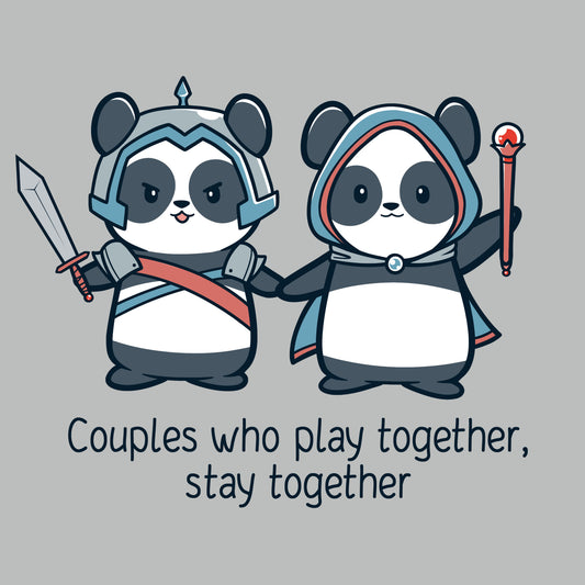 Two cartoon pandas, dressed as a fantasy warrior and mage, hold hands with the text 