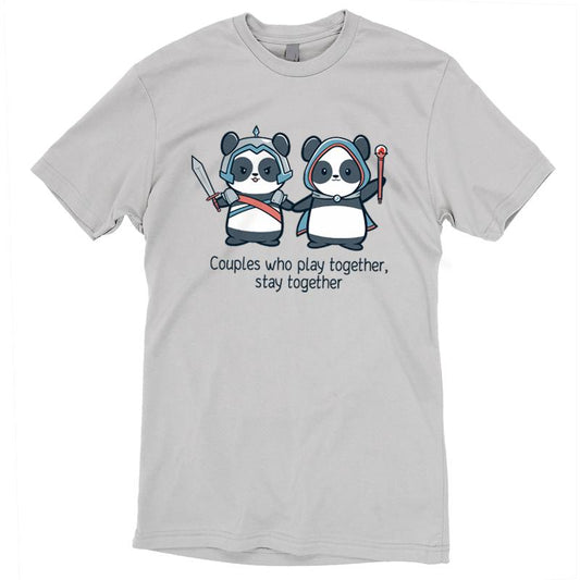 Silver t-shirt featuring two cartoon pandas dressed as fantasy characters with the text 