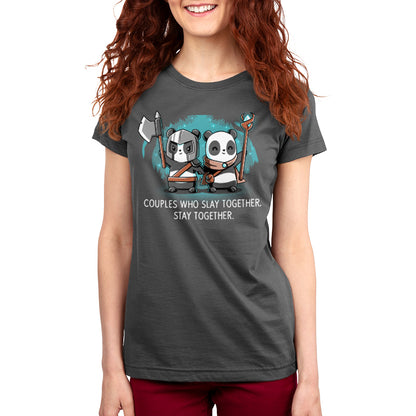 A charcoal gray TeeTurtle "Couples Who Slay Together Stay Together" t-shirt featuring two panda bears.
